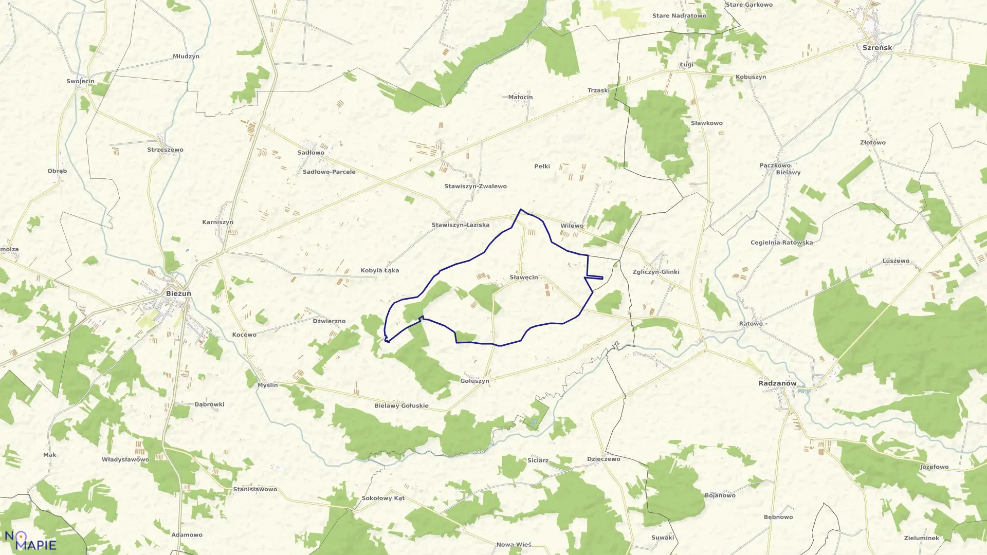 Mapa obrębu SŁAWĘCIN w gminie Bieżuń